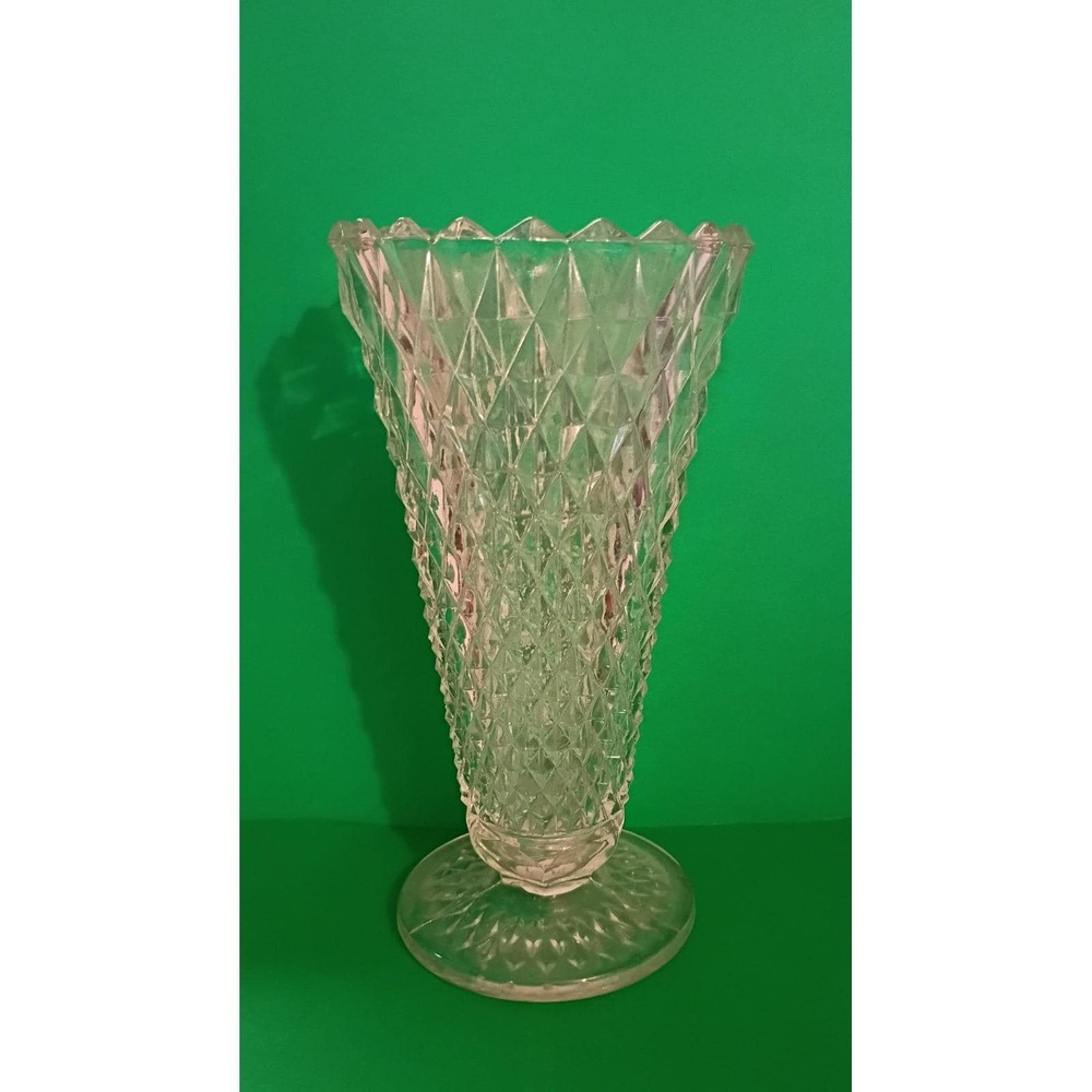 Vintage Clear Pressed Glass Diamond Point  Vase Pedestal Base Scalloped Rim